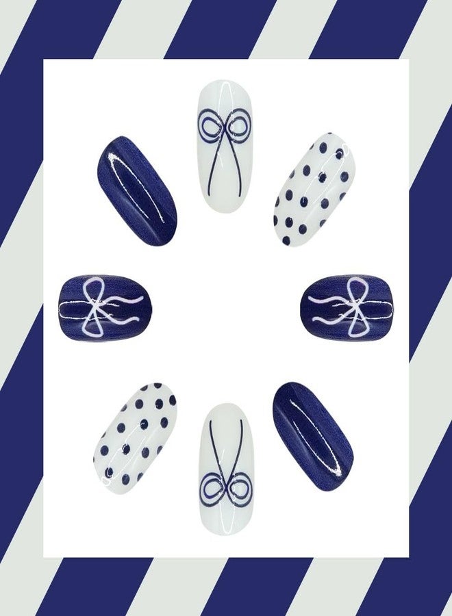 Sevgob Almond Press on Nails Medium Nails Press on Polka Dots False Nails with Bow Design Glossy Full Cover Dark Blue Glue on Nails Cute Glitter Acrylic Nail Fall Winter Fake Nail for Women Manicure 24Pcs - Image 4